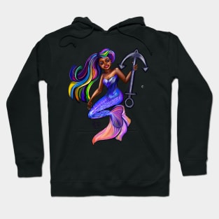 African American mermaid with flowing rainbow hair and anchor , brown eyes curly Afro hair and caramel brown skin Hoodie